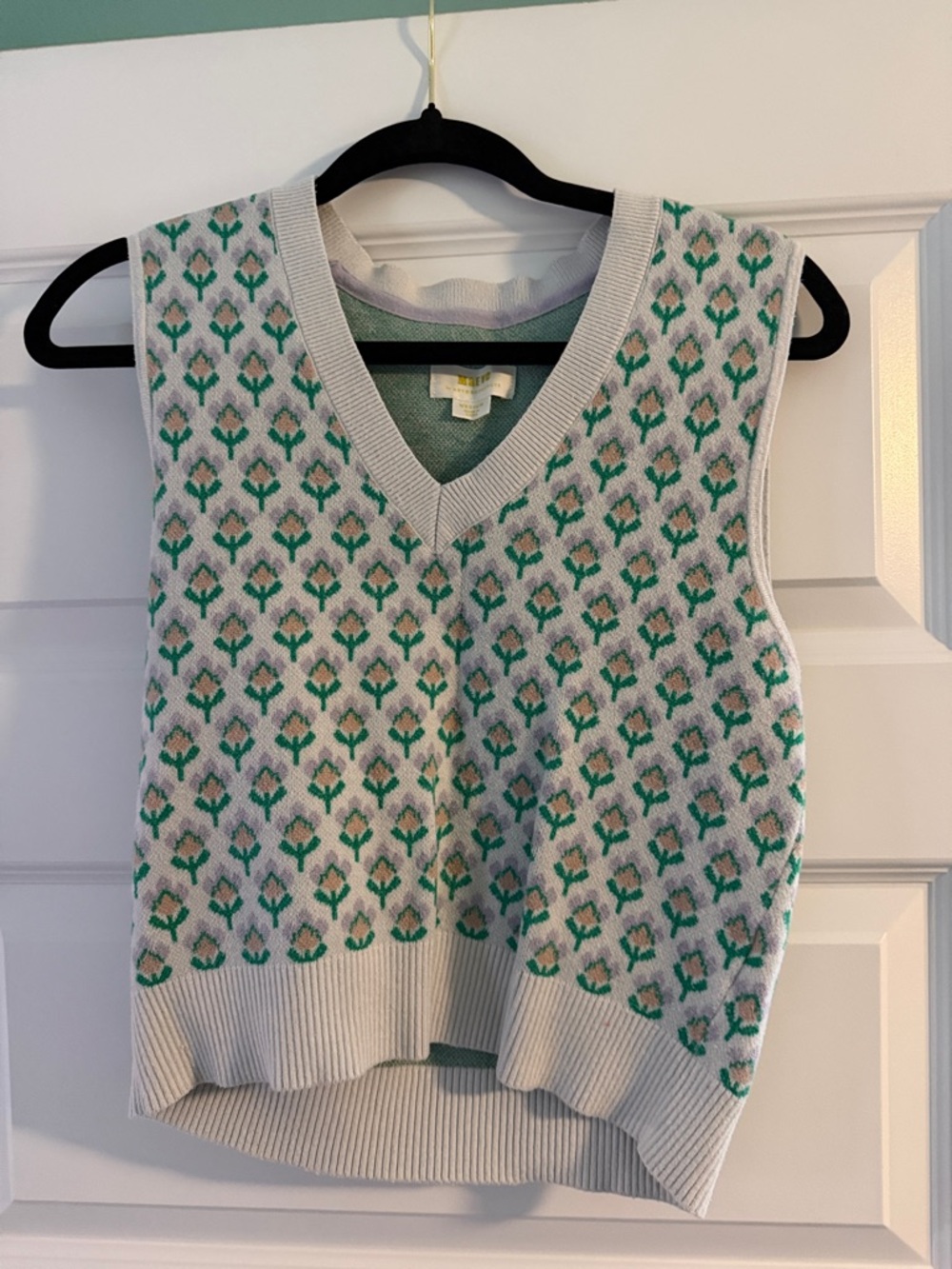 Anthropology Floral Knit Sweater Vest in Mint & Cream